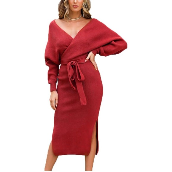 Fixmatti Womens RED XL Midi Sweater‎ Wrap Dress Batwing Sleeve V Neck Backless - Picture 1 of 9